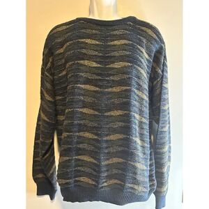 SERAFINI Men's Large Geometric Pattern Knit Sweater Navy Blue Olive Gold Grandpa